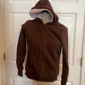 Teen Girls jacket junior size XL brown Lined cotton hood kangaroo pockets lined